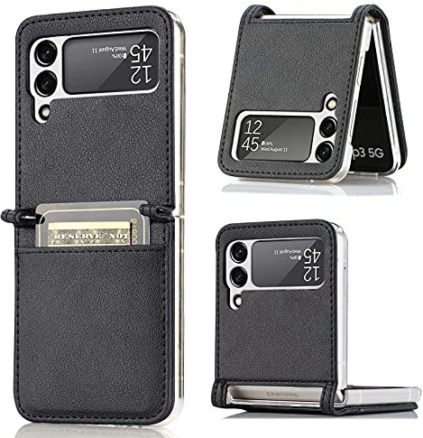 Asuwish Phone Case for Samsung Galaxy Z Flip 3 5G 2021 Cover and Lychee Leather with Credit Card Holder Slot Protective Soft TPU Slim Cell Accessories ZFlip3 Z3 Flip3 3Z ZFlip35G G5 Women Men Black