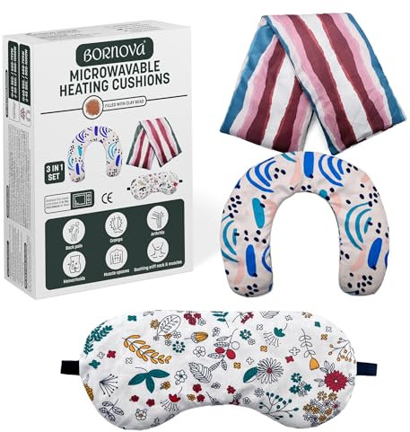 BORNOVA Coussin Chauffant Micro Onde Lot de 3 Perles d'Argile, pour le cou, le ventre et les yeux, bouillotte ventre dos tour de cou Alternative au bouillotte graine de lin et Bouillottes Électriques