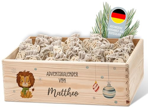 Lilleta ® Personalisierte Adventskiste - Adventskalender 2024 aus Holz mit Namen - Weihnachtskalender für Kinder & Erwachsene (Freundebande)