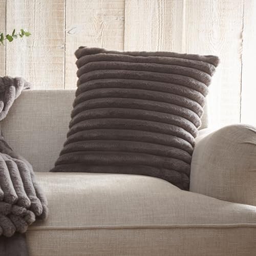 Appletree Faux Fur Cushion – Charcoal Grey Stripe Design – 43x43cm Super Soft Throw Pillow with Filling – Fake Rabbit Fur Texture – Luxury Decorative Accent for Sofa, Bed or Chair