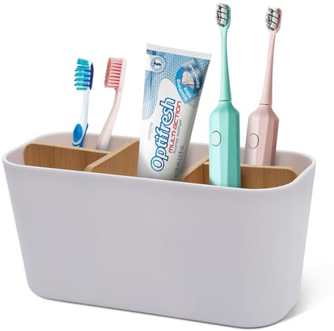 Votoko Portacepillos de Dientes, Soporte para Cepillos de Dientes Eléctrico, Bambú Porta Cepillo de Dientes, Organizador Cepillos de Dientes de 4 Compartimentos, para Oficina, Sala, Cocina (Blanco)