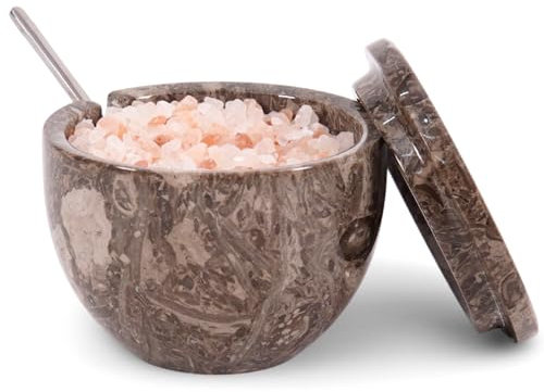 Saliera in marmo con coperchio e cucchiaio, 7,6 x 10,2 cm, barattolo per spezie per piano di lavoro della cucina, contenitore per zucchero e condimenti