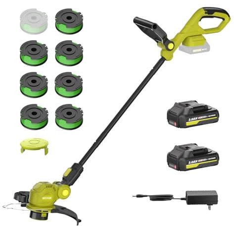 Cordless Strimmer,Grass Trimmer with 2 X 2.0Ah Battery Powered garden Strimmer with Feed Auto Line,20V Lightweight edge Trimmer With 8psc Grass Cutter Spool Line, 12inch Cutting Width for Lawn,Grass