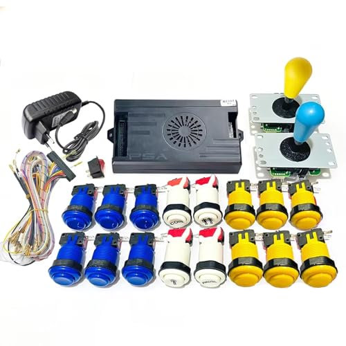 Pandora Saga DX 9800 en 1 Version spéciale Arcade Board DIY Kit jusqu'à 4 joueurs Prend en charge les jeux 3D Joystick Boutons Harnais Câble (Bleu Jaune)