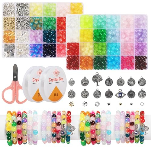 BUCOMTU Abalorios para Hacer Pulseras, 1100 PCS Cuentas de Cristal 8mm, Abalorios Pulseras, Cosas para Hacer Pulseras, Kit para Hacer Pulseras Cuentas de Abalorios para DIY Collares Manualidad Regalo