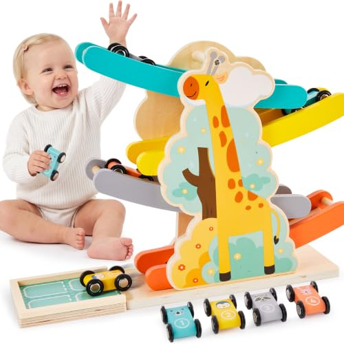 HERSITY Pista per Auto in Legno con 4 Mini Auto Giocattolo, Giochi in Legno | Rampa Macchinine Bambini a Zig Zag, Gioco Bambino 3 Anni, Regalo per Ragazzi Ragazze 4 5 Anni