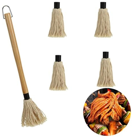 Grillpinsel Bbq Mops Pinsel, Bbq Mops Pinsel, Marinaden Grillbürste Barbecue, Saucen Mop Marinaden, Bbq Zubehör, Holzgriff Zum Kochen Braten Grillen, Lang Holzgriff Und 3 Stück Extra Ersatz Köpfe
