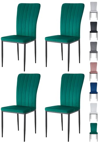 mcc direct Set of 4 Dining Chairs, Velvet High Back Kitchen Chairs with Upholstered Soft Seat and Metal Legs for Home, Office, Dining and Reception - Elle (Green)