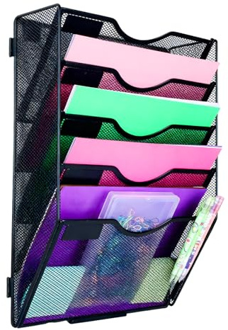 HMXLJJY 5 Tier A4 Mesh Wall File Holder Organiser, Document Holder, Mail Magazine Storage Rack for Office Home, Black