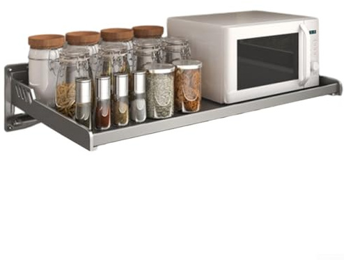 Wall Mounted Kitchen Shelf Rack for Microwave Oven Made with Carbon Steel, Featuring Secure Installation, Movable Hooks, and Detachable Snap Buckles for Convenient Storage (35 * 50cm)