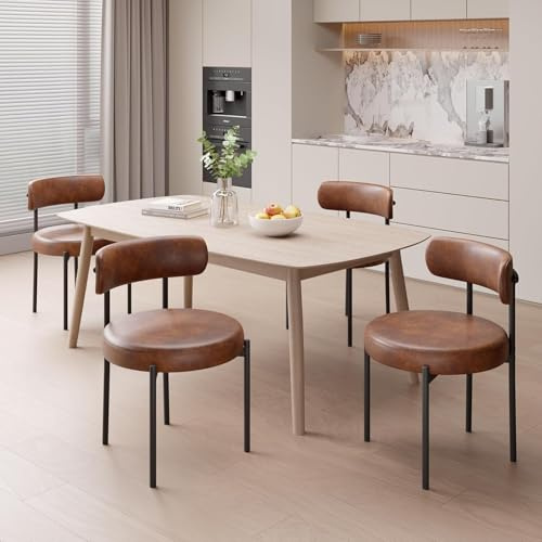 Hawthyhome Esszimmerstühle 4er Set PU Leather Gepolstert Stuhl Braun | Runde Boucle Esszimmerstuhl,Mid-Century Stühle Esszimmer mit Metallbeinen und Rückenlehne für Esszimmer,Wohnzimmer, Büro