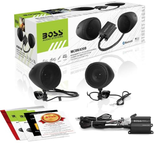 KIT Set FÜR BOSS Audio Systems MCBK420B, mit Fullrange-Class-D-Verstärker und Zwei 3-Lautsprechern (schwarz), wetterfest, für Motorräder, 1 Set