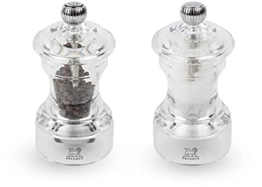 PEUGEOT - Bistro 10 cm Pepper Mill + Salt Mill - Clear Colour | Classic Grind System - Powdered Salt Innovation, Zirlion Mechanism - Acrylic - Made in France