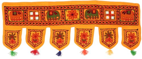 GURU SHOP Indischer Wandbehang, Orientalischer Wimpel mit Pailletten, Türbehang - Elefant Gelb, 30x85 cm