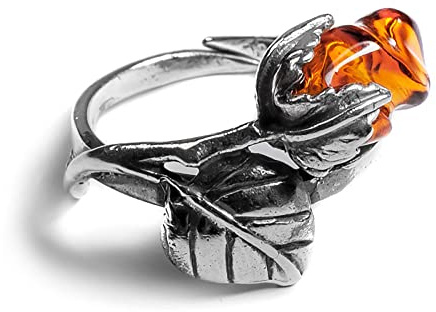 HENRYKA Bague Rose réglable en Argent Sterling 925 et Ambre Baltique, Bague Fleurie, Bague de déclaration Rose, Cadeau Rose