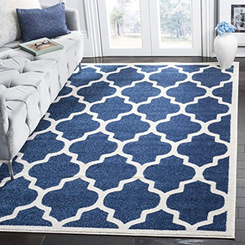 SAFAVIEH Amherst Collection Accent Rug - 4' x 6', Navy & Beige, Moroccan Trellis Design, Non-Shedding & Easy Care, Ideal for High Traffic Areas in Entryway, Living Room, Bedroom (AMT420P)