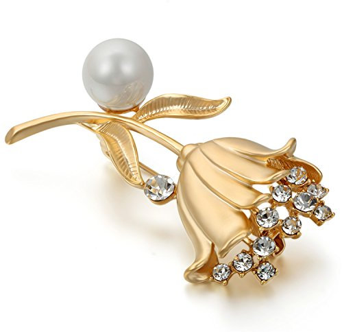 JewelryWe Schmuck Damen Brosche, Blumen Design Strass Broschenadeln, Imitation Perlen Legierung Strass Ansteckblume, für Braut Hochzeit Party, Gold
