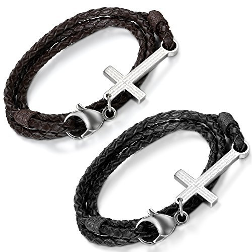Flongo Lederarmband Herrenarmband Damenarmband, 2 Stück Edelstahl Leder Armband Armreifen Manschette Braun Schwarz Silber Englisch Bibel Herr Gebet Kruzifix Kreuz Motorradfahrer Biker Herren,Damen