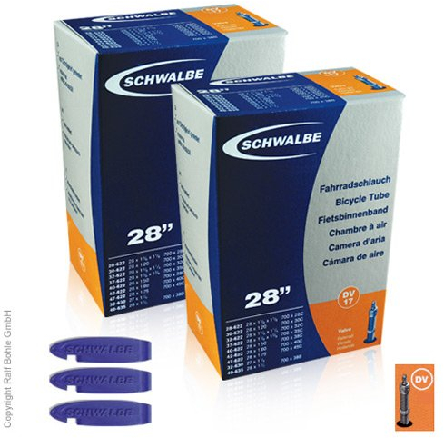Schwalbe DV 17 Fahrradschlauch 2 Stück, 28 für Trekking-/ Crossbike + 3 Stück Reifenheber