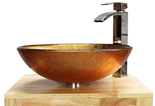 Home Supplies – Modern Golden Tempered Glass Round Vessel Sink Bowl Bathroom, Cloakroom Countertop Basin Sink with Tap, Pop up Waste, Chrome Bottle Trap