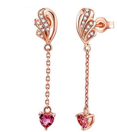 Largo para Mujer Pendientes con forma de Corazón de Cristal Rojo Plata de Ley 925 Bañado en Oro Rosa Elegante Regalo
