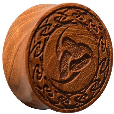 CHICNET Damen Herren Plug Flesh Tunnel Lobe Piercing Dehner aus Teakholz Holz, Gravur Odins Horn Knoten Rand, Double Flared, 22mm bis 30mm 08 mm