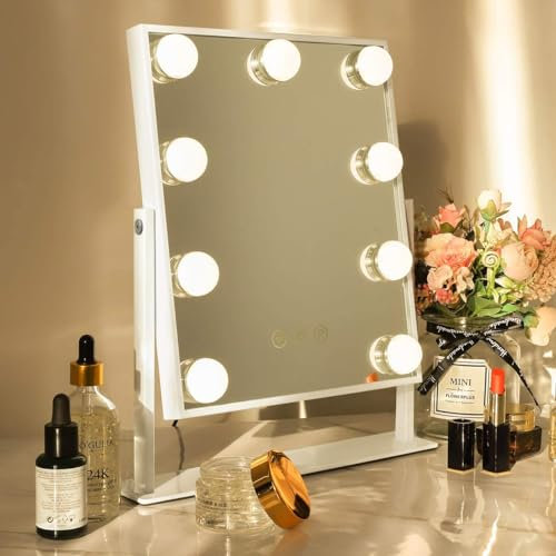 Hansong Vanity Mirror with Lights Light Up Hollywood Makeup Mirror with 9 LED Bulbs Tabletop 360 Rotation with 10x Magnifying Mirror