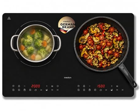 MEDION IC20D Induktionskochplatte 2 Platten Induktionskochfeld 3500 Watt | extra flach, 2 Kochplatten , 8 Automatikprogrammen und DIY, LED Display, Touchbedienung, nahtlose Kristallglas-Oberfläche