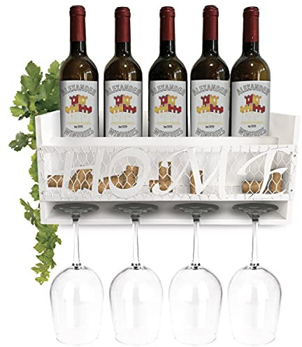 CoTa Global Modernes weißes Weinregal zur Wandmontage, Weinflaschenhalter aus Holz für 5 Flaschen & 4 Weingläser mit KorkAufbewahrung, hängendes Metallschild & Organizer Holzregal für Weinbar &