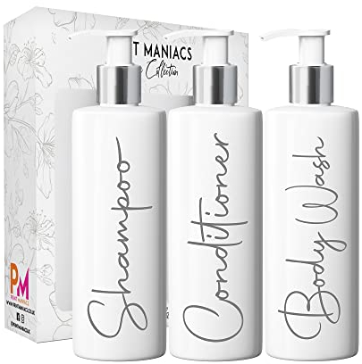 Print Maniacs White Mrs Hinch Inspired Personalised 500ml Pump Bottles Bathroom Lotion Kitchen Set Shampoo Conditioner ( 3 Set, F2 ) (Grey)