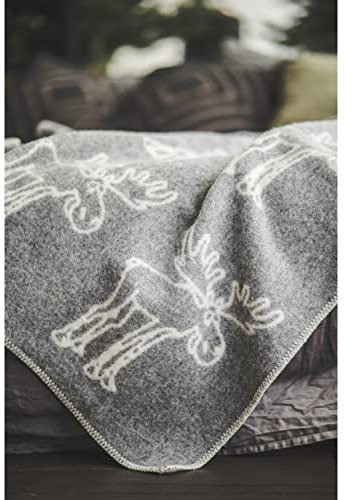Ger3as Wendedecke Wolldecke Plaid 130 x 200 cm Warme Decke aus Schafwolle Decke Kuscheldecke Wolle Überwurf, Baumwolle Plaid oder Kuscheldecke für Sofa (Grau Elch)