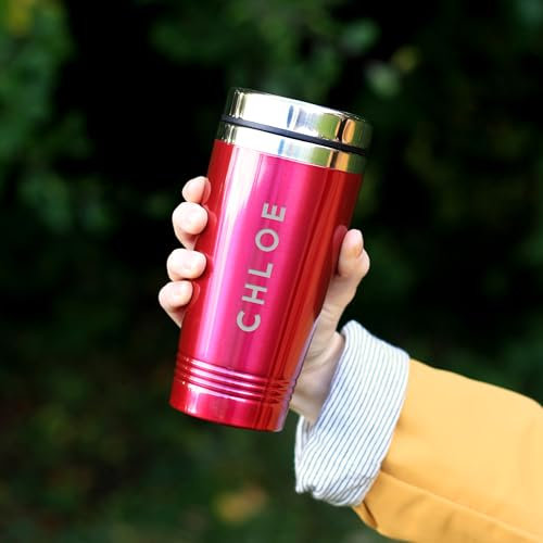 eBuyGB Personalised Travel Mug, Double Walled 450ml Reusable Drinks Flask, Insulated Travel Cup, Stainless Steel Coffee Cup (Pink)