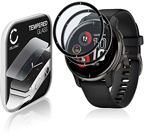 CELLONIC 2x 9H Display Schutzglas für Garmin Venu 2 Plus Smartwatch, 3D Full Cover Full Glue Screen Protector Glass, Fitness Tracker Displayschutz Glas schwarz Schutzfolie