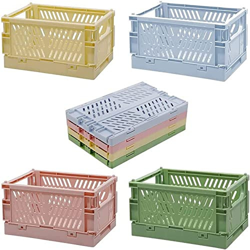 KOMUNJ 4er Pack Mini Körbe Kunststoff Faltbox Aufbewahrungskiste, stapelbare Obstkiste Kunststoff, klappkorb für Küche, Arbeitszimmer und Büro, Mehrfarbig