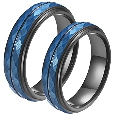 Mesnt Ringe Für Paare Mit Gravur, Wolfram Facettiert Schwarzer und Blauer Ring 5mm Größe Damen 60 (19.1) & Herren 67 (21.3)