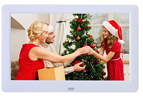 TMCC Digitaler Bilderrahmen mit hoher Auflösung, 1280 x 768 IPS-Bildschirm, elektronischer Bilderrahmen mit Kalender/Uhrfunktion/MP3/Foto/Video-Player mit Fernbedienung, Weiß