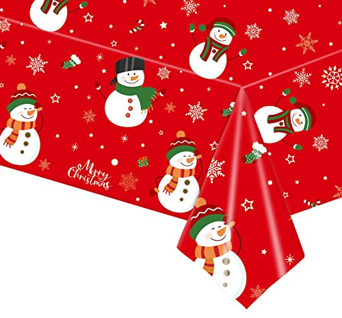POPOYU Weihnachtstischdecke,Rot Einweg Tischdecke Weihnachten,Groß Rechteckige Weihnachtsmann Schneemann Weihnachten Tischhussen Esstischdecke für Weihnachts Party Tischdecke Tischtuch(137x274cm)