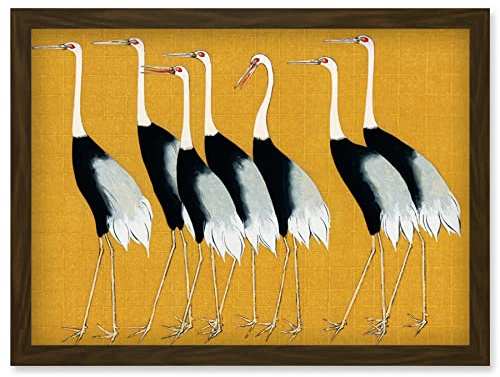 Wee Blue Coo Herons Cranes Flock Birds Ogata Korin Vintage Monochrome Illustration Mustard Yellow Artwork Framed Wall Art Print A4