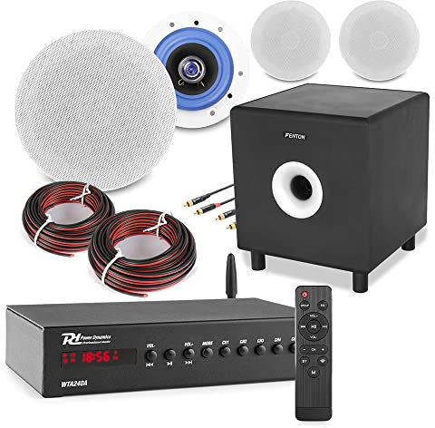 Power Dynamics Smart WiFi Ceiling Speaker System with Bluetooth, 10 Active Subwoofer and 4x ESCS6 Wireless Ceiling Speakers for Home Audio, Multi Room Expandable, App Controlled Amplifier