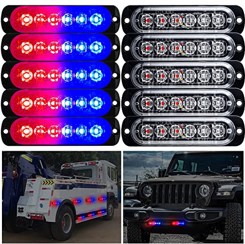yifengshun 10Pcs 6LED Lampe D'Avertissement Rouge+Bleu Feux Stroboscopique Barre Lumineuse D'Urgence 18 Flash Modes Pour Voiture Camion Pickup VéHicule SUV Off Road Voiture De Police 12-24V