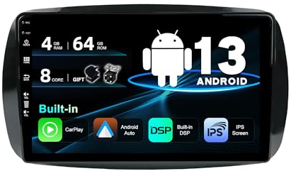 SXAUTO Android 13 IPS Autoradio Passt für Benz Smart 453 Fortwo (2014-2020) - Eingebaut Carplay/Android Auto/DSP - Kamera + MIC - 4G+64G - DAB 360-Camera Lenkradsteuerung Fast-Boot AHD -2 Din 9 Zoll
