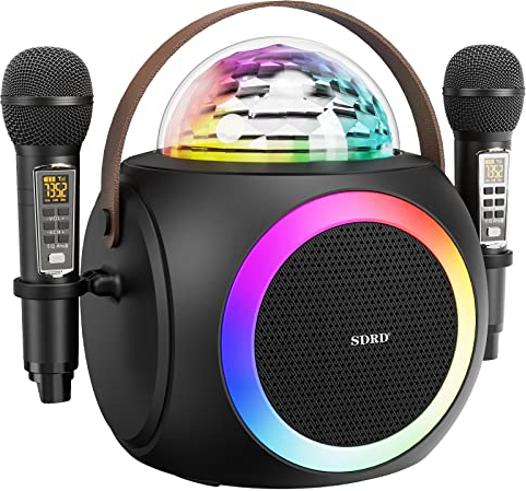 Karaoke Maschine für Erwachsene und Kinder, tragbare Bluetooth Lautsprecher mit 2 UHF Wireless Mikrofone PA-System mit Disco-Kugel, LED-Lichter,für Home Party,Hochzeit,Kirche,Outdoor/Indoor