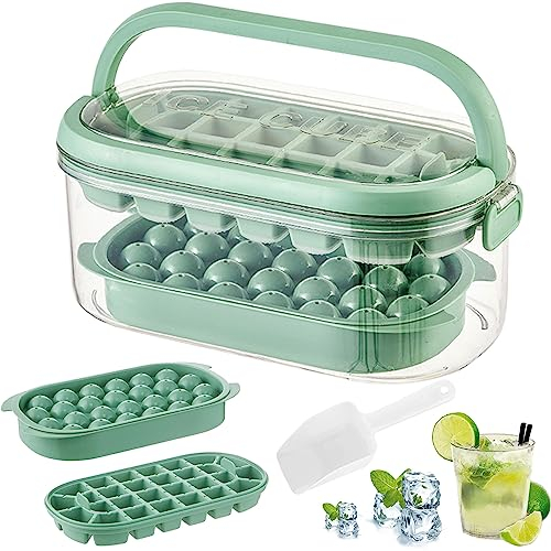 OdiuK Ice Cube Tray with Lid, 54 Silicone Sphere Ice Cube Maker Ice Cube Trays with Storage Ice Box and Ice Scoop, 2 Tier Ice Cube Moulds for Freezer Water Cocktail and Other Drink