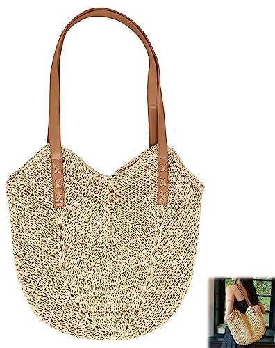 Stroh Handtasche Damen, Böhmische Strandtasche, Sommer Strandtasche Stroh Groß, Strohtasche Damen Stroh Umhängetasche, Strohtaschen Böhmische Handgewebt,Geflochten Basttasche für Reisen Strand (A)