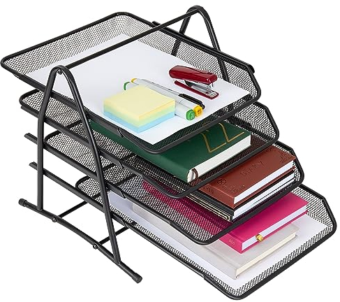 Desk Organiser Mesh 4 Tier Desk Storage Organiser Filing Letters Paperwork Office Accessories Desk Tray for Work - Sliding Trays Home Office Stationery Supplies