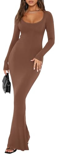 REORIA Womens Sexy Casual Scoop Square Neck Long Sleeve Soft Lounge Long Dress Fall Wedding Guest Elegant Ribbed Bodycon Maxi Dresses Coffee Large