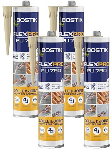 Bostik Mastic Colle & Joint Polyuréthane Premium P790 Beige, Multi-Usages, Intérieur et Extérieur, Cartouche de 300 ml (Lot de 4)