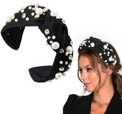 Ruzister® Ruzister® Perlen-Strass-Juwelenbesetztes geknotetes Stirnband, breites Haarband, Vintage-gepolstertes Stirnband, Rockabilly-Mode-Haarschmuck, Stirnband