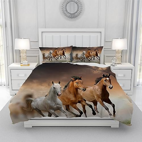 Leleyouzer 3D Pferd Bettwäsche Set 135 x 200 cm,Pferd Muster Gedruckt Bettbezug Set von 3,Mikrofaser Bettbezug Set für Kinder Jungen Zimmer Dekoration