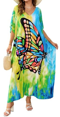 Bsubseach Robes Kaftan Imprimées Caftan Long Femme Cache Maillot de Bain Robe de Plage Décontractée en Bikini Jaune Vert